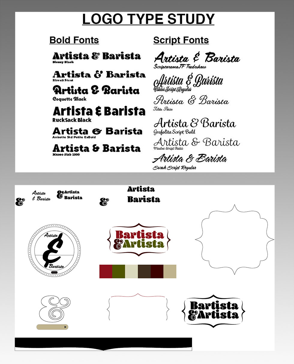 Type, color, and layout studies for the Artista & Barista logo