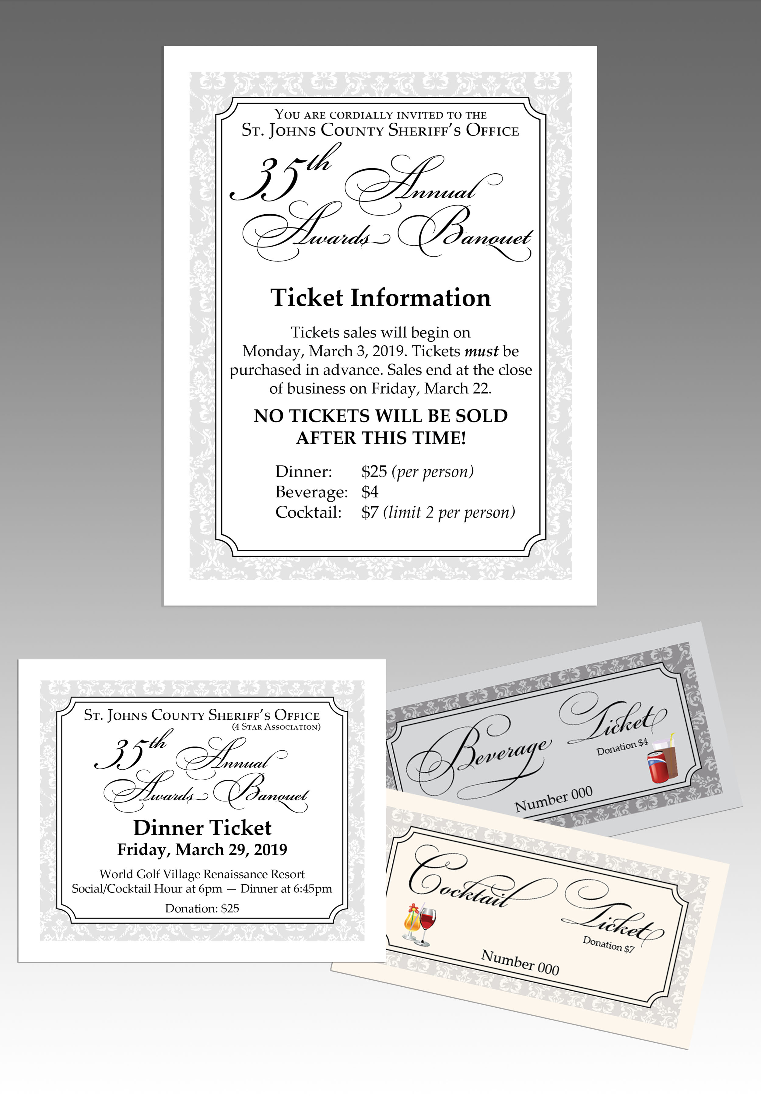 Images of banquet initations and dinner, beverage and cocktail tickets